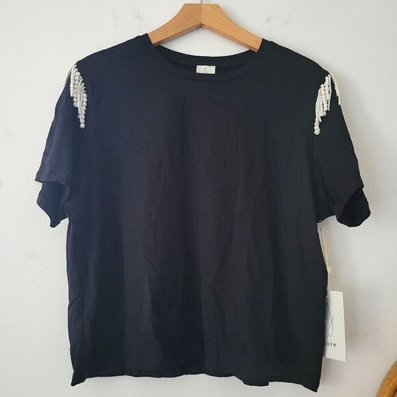 Joie Black Tee Pearl Detail New With Tags Large - Picture 1 of 7